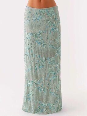 Peppermayo Corinna Sequin Maxi Skirt Mint Green Beaded Low Rise Glam Fairycore